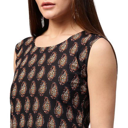 Black Printed Sleeveless Cotton A-Line Kurta | LASVINI - Redefining Indian Fashion with Elegance