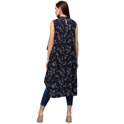 Navy Blue Printed Sleeveless Crepe Low High Tunics | LASVINI - Redefining Indian Fashion with Elegance