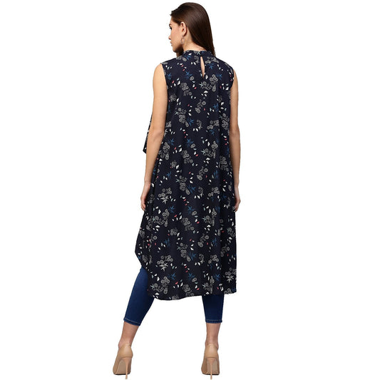 Navy Blue Printed Sleeveless Crepe Low High Tunics | LASVINI - Redefining Indian Fashion with Elegance