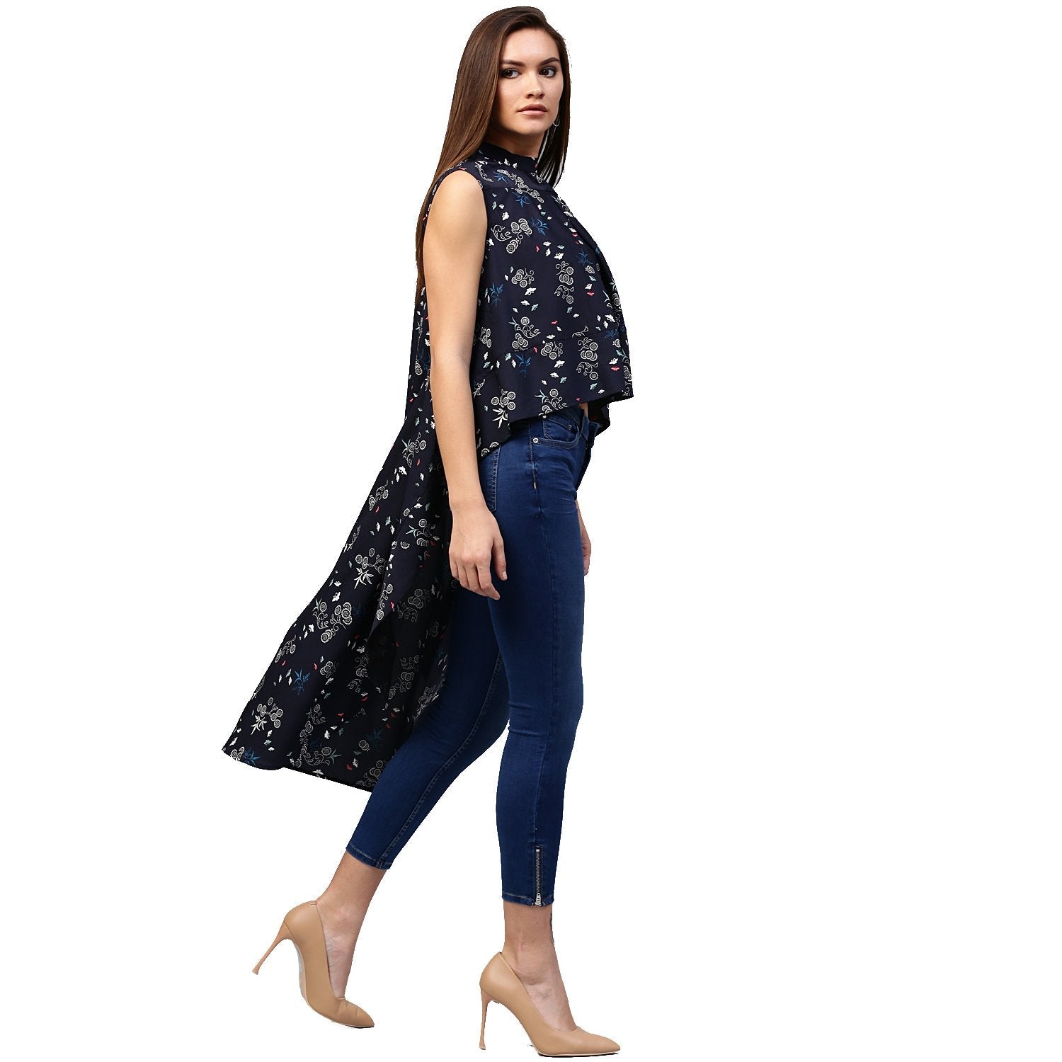 Navy Blue Printed Sleeveless Crepe Low High Tunics | LASVINI - Redefining Indian Fashion with Elegance
