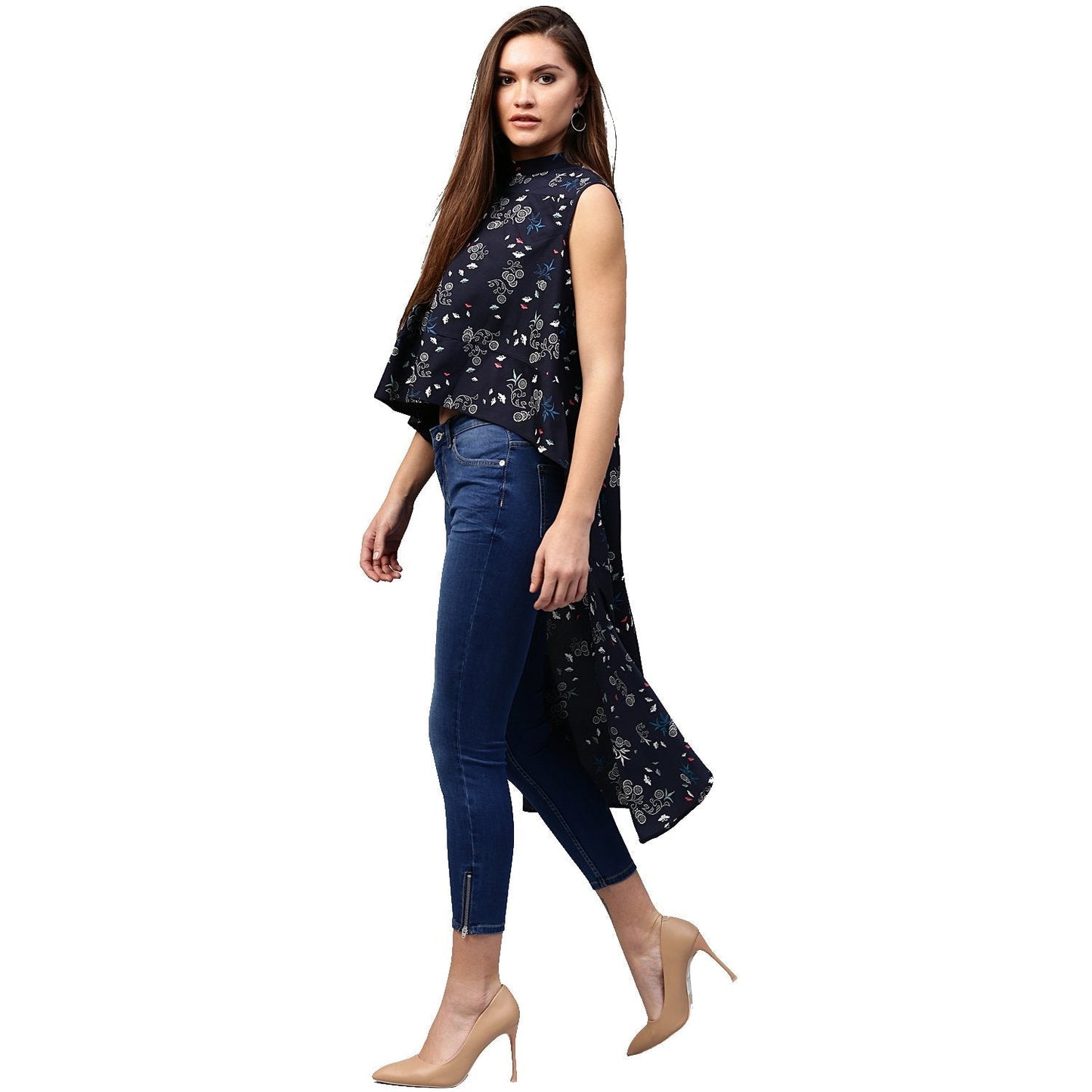Navy Blue Printed Sleeveless Crepe Low High Tunics | LASVINI - Redefining Indian Fashion with Elegance
