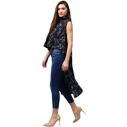 Navy Blue Printed Sleeveless Crepe Low High Tunics | LASVINI - Redefining Indian Fashion with Elegance