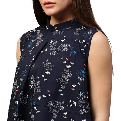 Navy Blue Printed Sleeveless Crepe Low High Tunics | LASVINI - Redefining Indian Fashion with Elegance