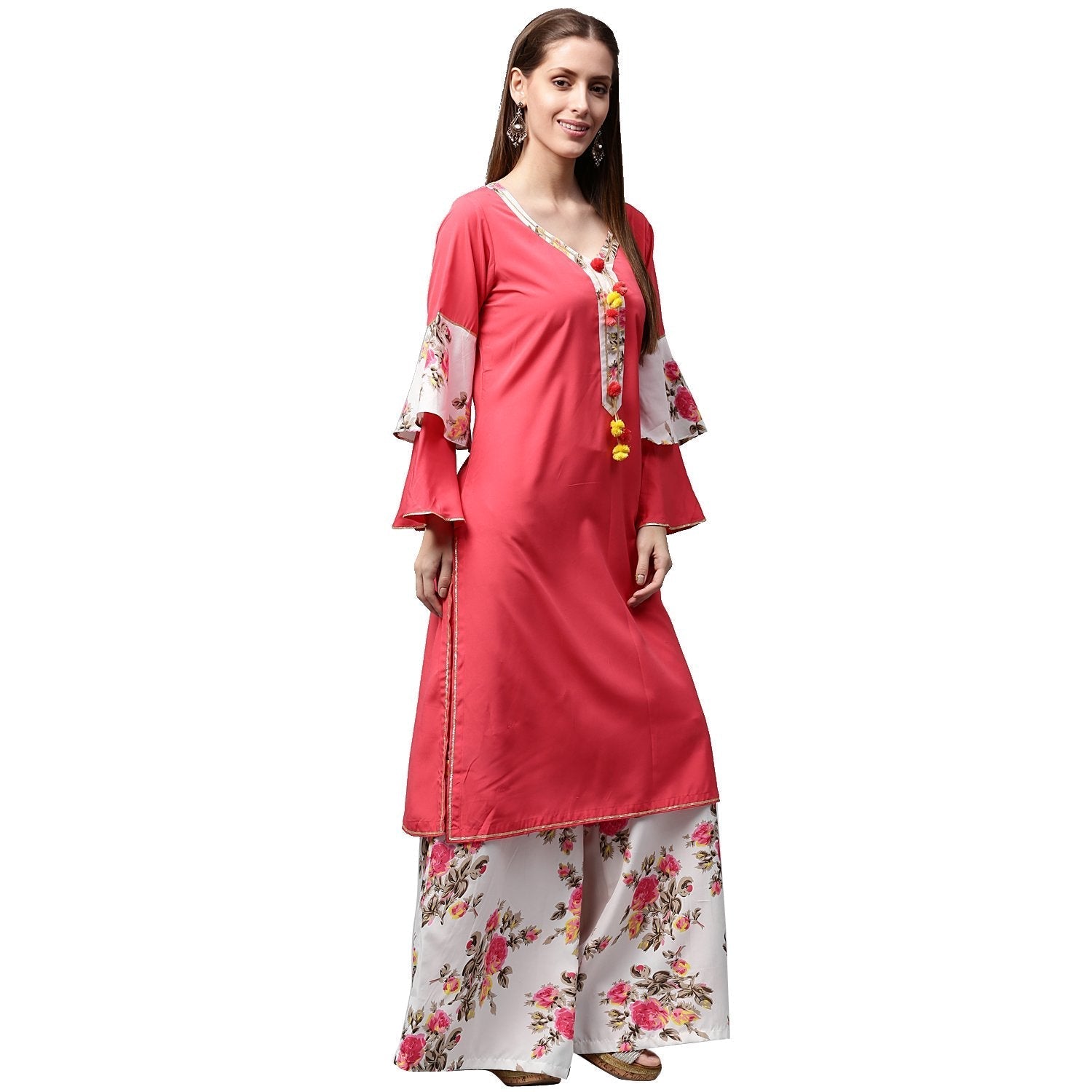 Red 3/4Th Sleeve Crepe Kurta With Tussel Work At Yoke With White Printed Palazzo | LASVINI - Redefining Indian Fashion with Elegance