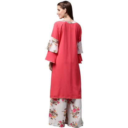 Red 3/4Th Sleeve Crepe Kurta With Tussel Work At Yoke With White Printed Palazzo | LASVINI - Redefining Indian Fashion with Elegance