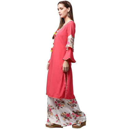 Red 3/4Th Sleeve Crepe Kurta With Tussel Work At Yoke With White Printed Palazzo | LASVINI - Redefining Indian Fashion with Elegance