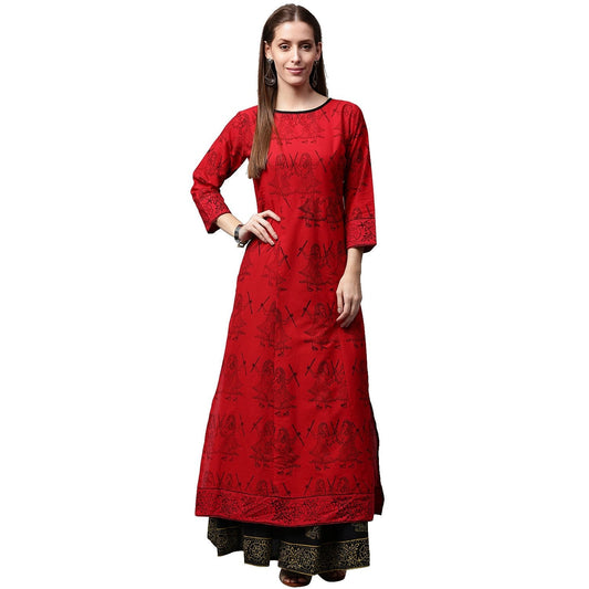Red Printed 3/4Th Sleeve Cotton Kurta With Green Printed Palazzos | LASVINI - Redefining Indian Fashion with Elegance