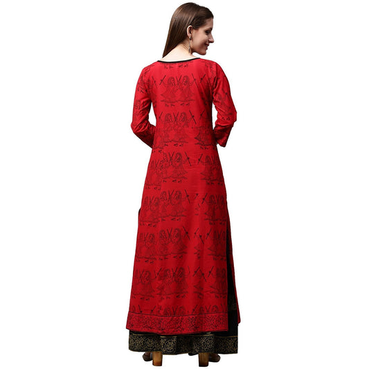 Red Printed 3/4Th Sleeve Cotton Kurta With Green Printed Palazzos | LASVINI - Redefining Indian Fashion with Elegance