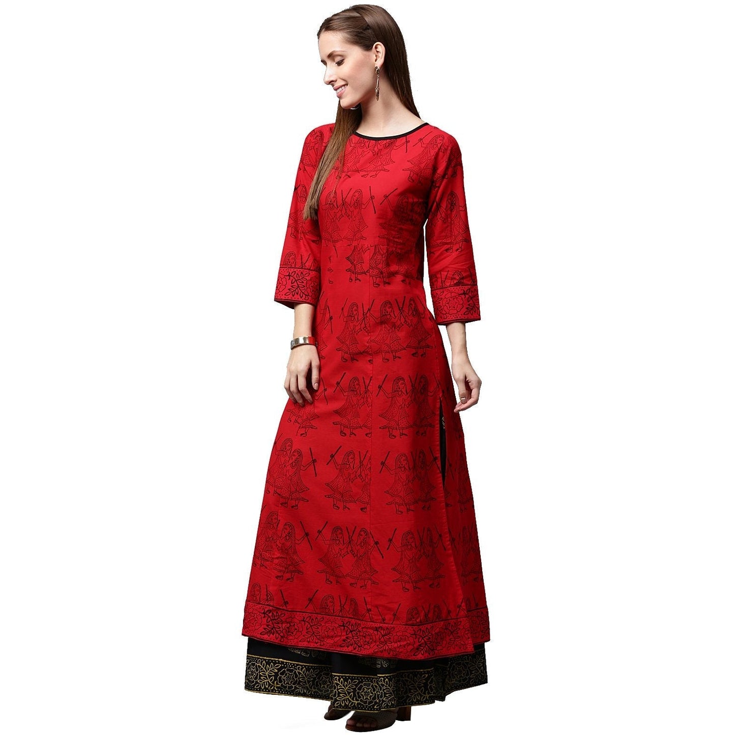 Red Printed 3/4Th Sleeve Cotton Kurta With Green Printed Palazzos | LASVINI - Redefining Indian Fashion with Elegance