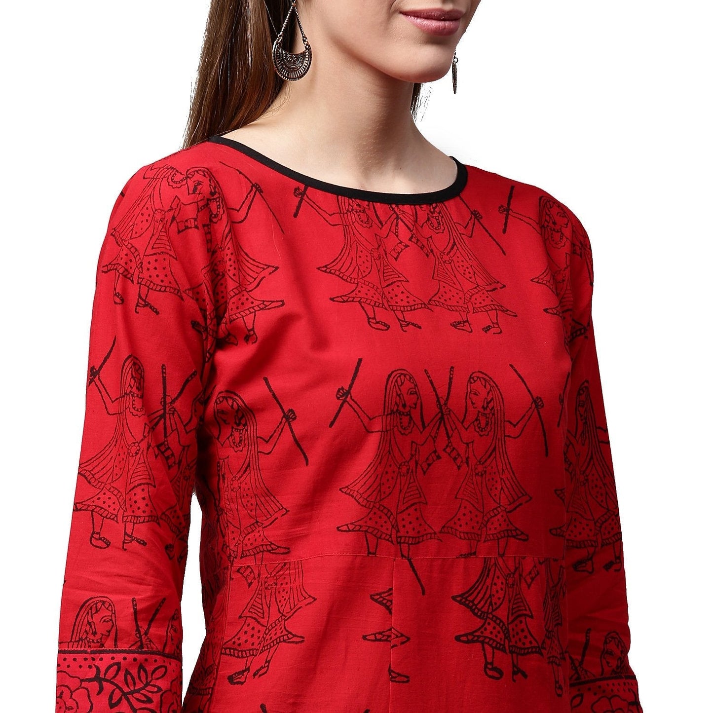 Red Printed 3/4Th Sleeve Cotton Kurta With Green Printed Palazzos | LASVINI - Redefining Indian Fashion with Elegance
