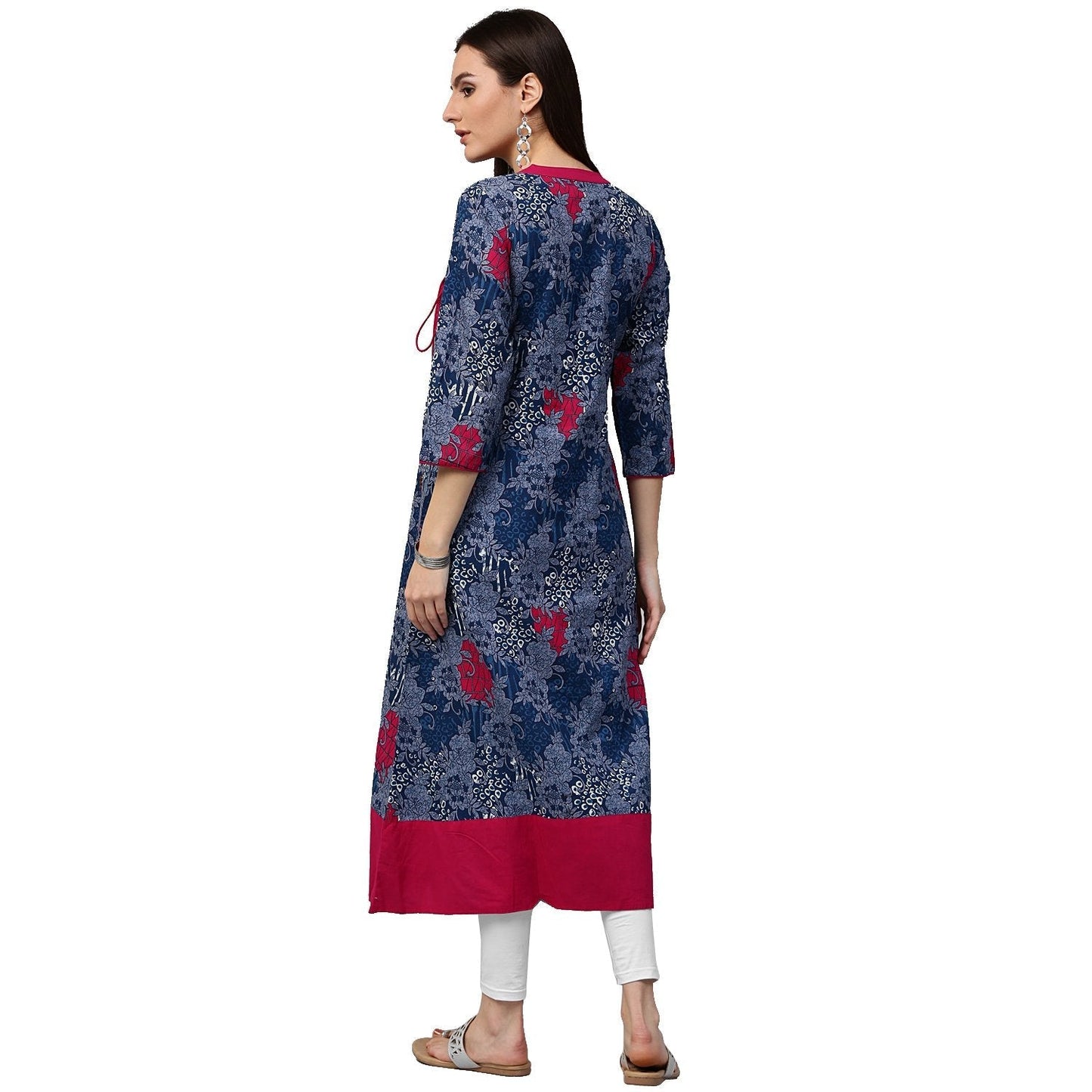 Blue Printed 3/4Th Sleeve Cotton A-Line Kurta | LASVINI - Redefining Indian Fashion with Elegance