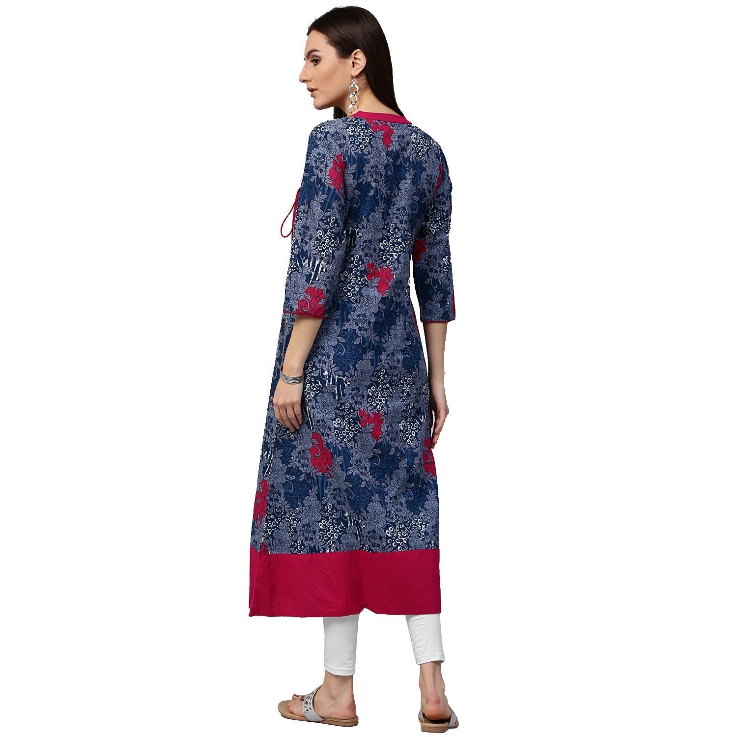 Blue Printed 3/4Th Sleeve Cotton A-Line Kurta | LASVINI - Redefining Indian Fashion with Elegance