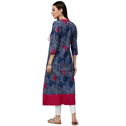 Blue Printed 3/4Th Sleeve Cotton A-Line Kurta | LASVINI - Redefining Indian Fashion with Elegance