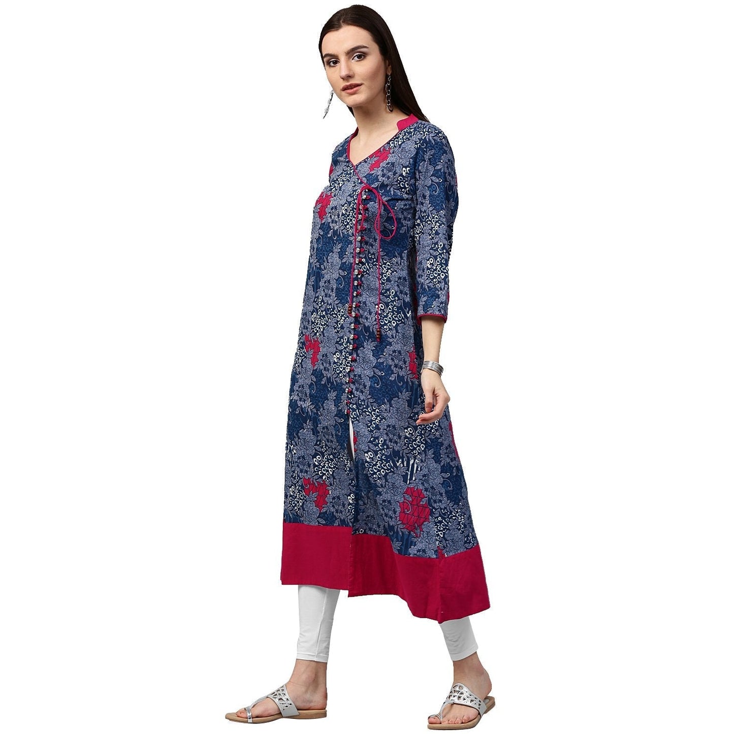Blue Printed 3/4Th Sleeve Cotton A-Line Kurta | LASVINI - Redefining Indian Fashion with Elegance