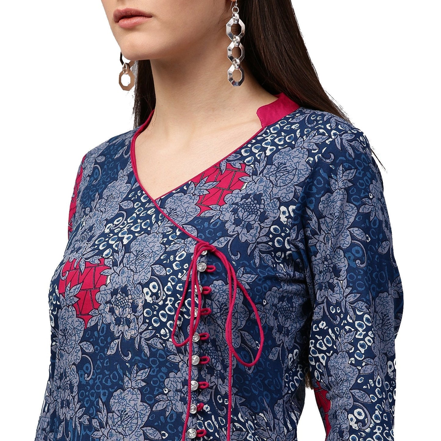 Blue Printed 3/4Th Sleeve Cotton A-Line Kurta | LASVINI - Redefining Indian Fashion with Elegance
