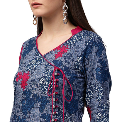 Blue Printed 3/4Th Sleeve Cotton A-Line Kurta | LASVINI - Redefining Indian Fashion with Elegance
