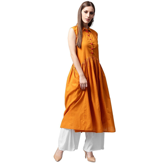 Mustard Sleeveless Cotton Anarkali Kurta | LASVINI - Redefining Indian Fashion with Elegance