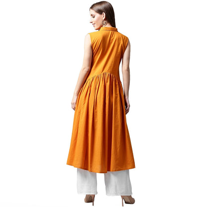Mustard Sleeveless Cotton Anarkali Kurta | LASVINI - Redefining Indian Fashion with Elegance