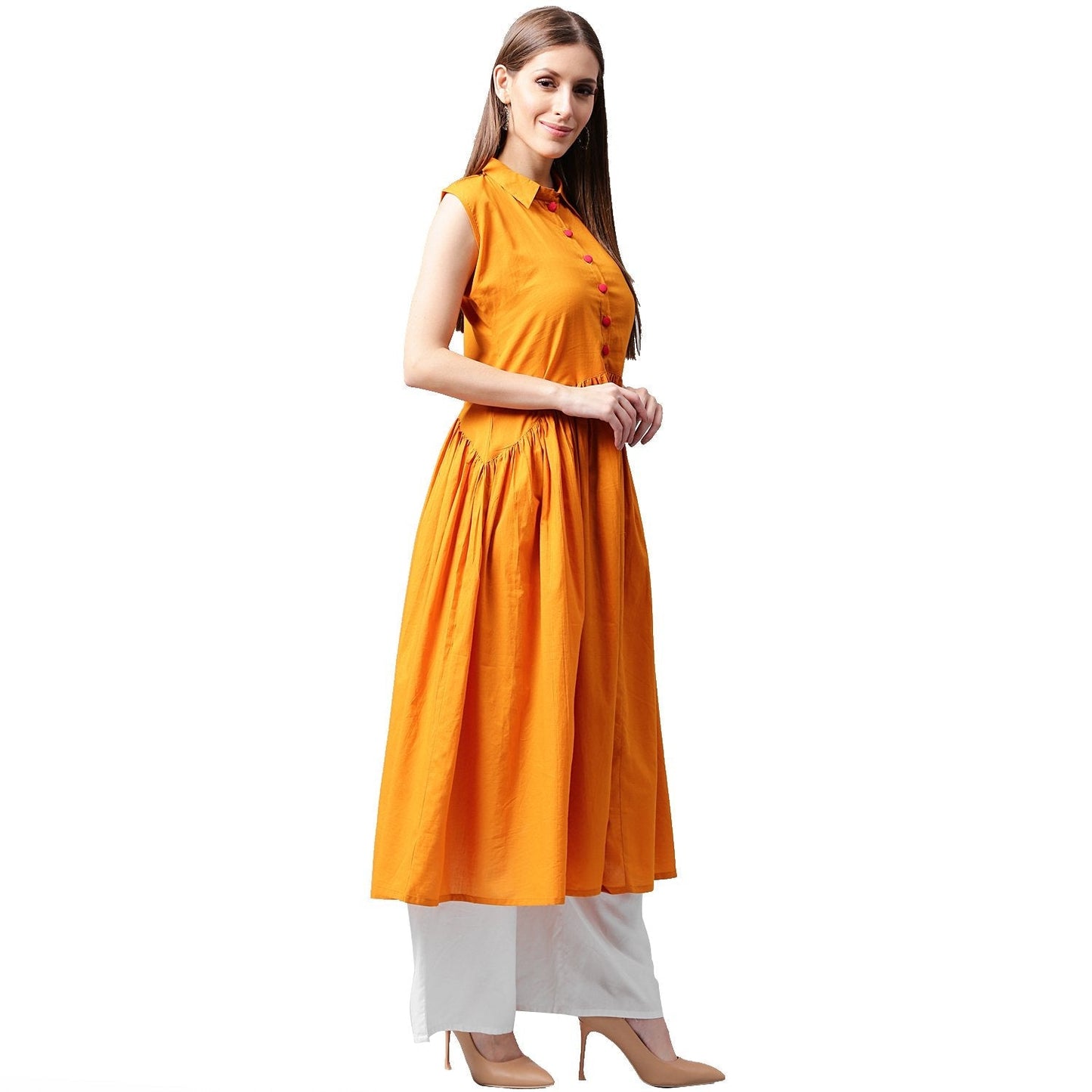 Mustard Sleeveless Cotton Anarkali Kurta | LASVINI - Redefining Indian Fashion with Elegance