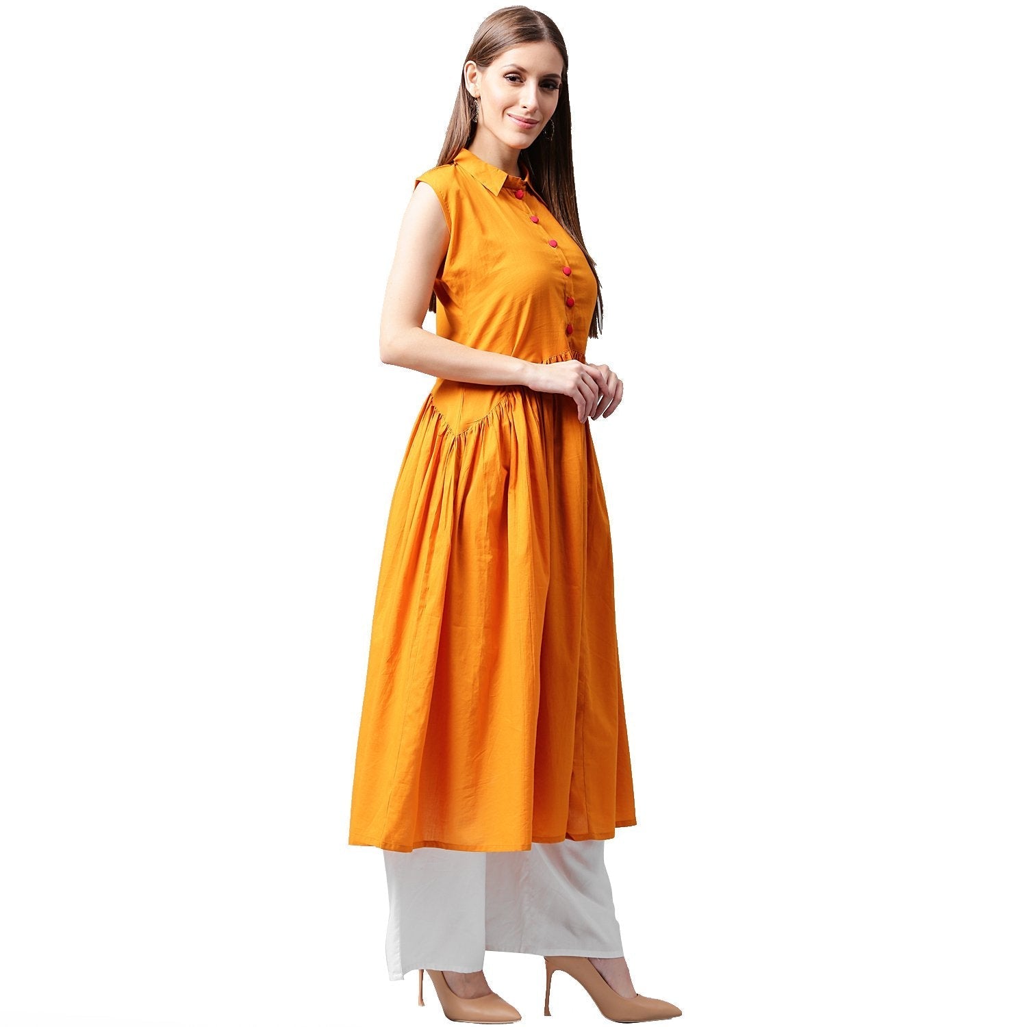 Mustard Sleeveless Cotton Anarkali Kurta | LASVINI - Redefining Indian Fashion with Elegance