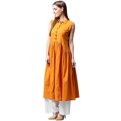 Mustard Sleeveless Cotton Anarkali Kurta | LASVINI - Redefining Indian Fashion with Elegance