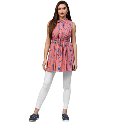 Peach Printed Sleeveless Rayon A-Line Tunic | LASVINI - Redefining Indian Fashion with Elegance