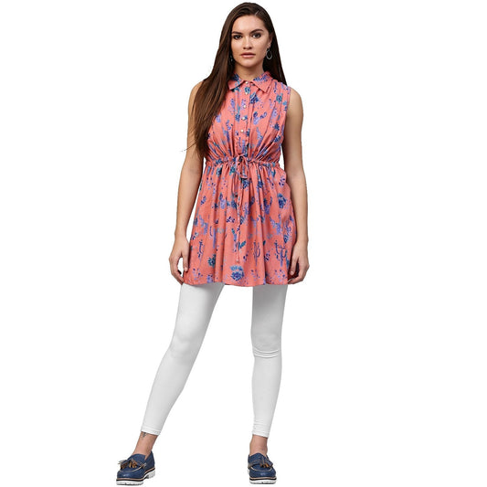 Peach Printed Sleeveless Rayon A-Line Tunic | LASVINI - Redefining Indian Fashion with Elegance