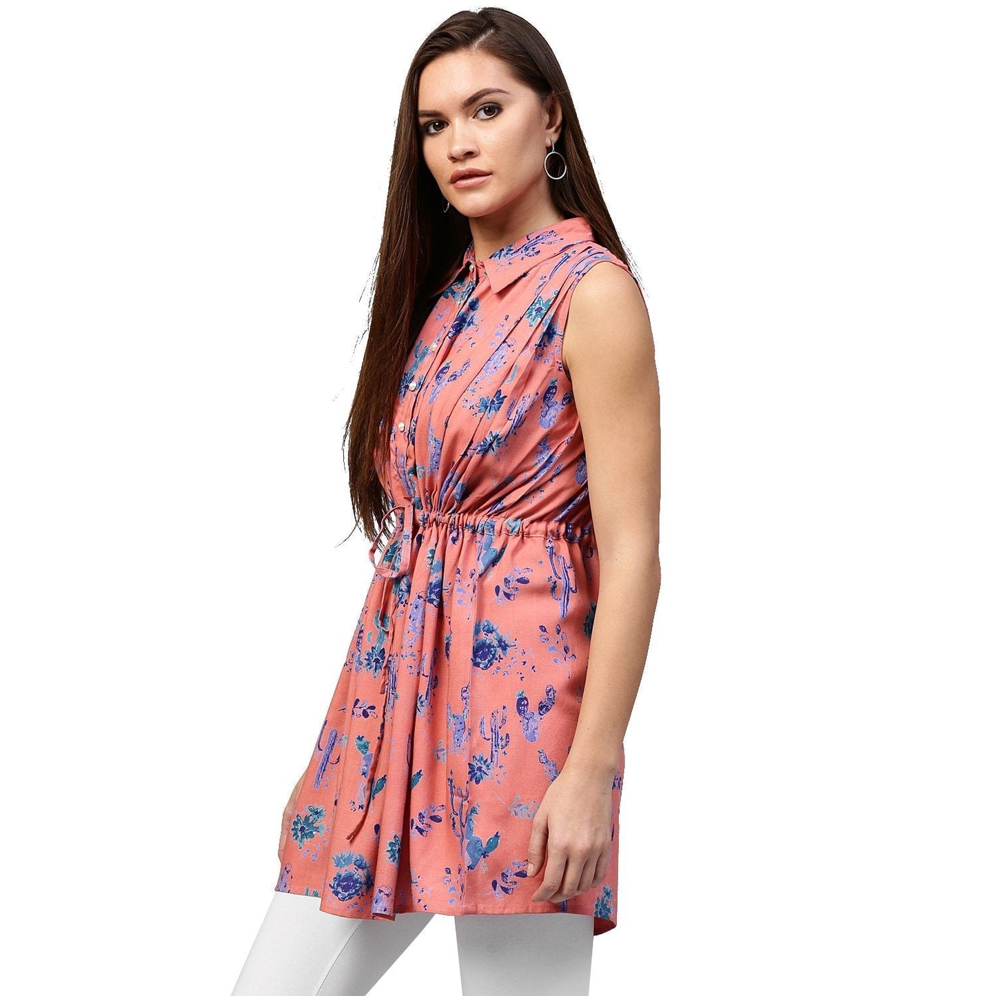 Peach Printed Sleeveless Rayon A-Line Tunic | LASVINI - Redefining Indian Fashion with Elegance
