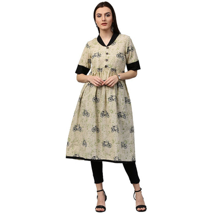 White Cycle Printed Half Sleeve Cotton Anarkali Kurta | LASVINI - Redefining Indian Fashion with Elegance