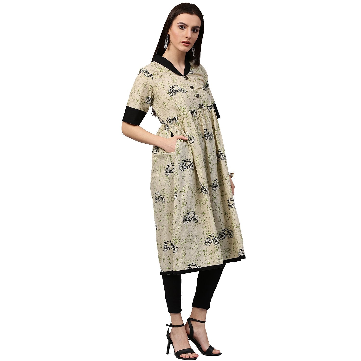 White Cycle Printed Half Sleeve Cotton Anarkali Kurta | LASVINI - Redefining Indian Fashion with Elegance