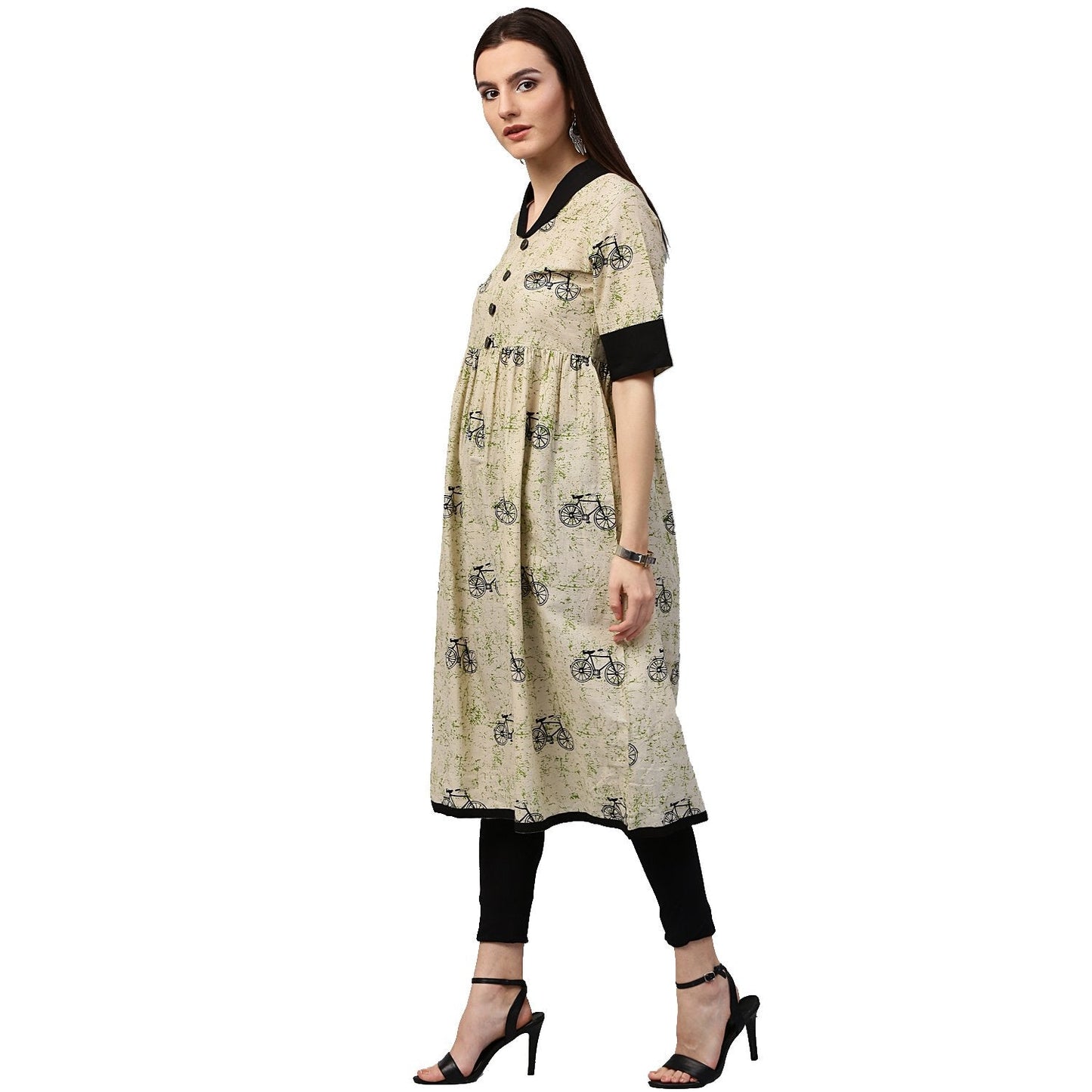 White Cycle Printed Half Sleeve Cotton Anarkali Kurta | LASVINI - Redefining Indian Fashion with Elegance