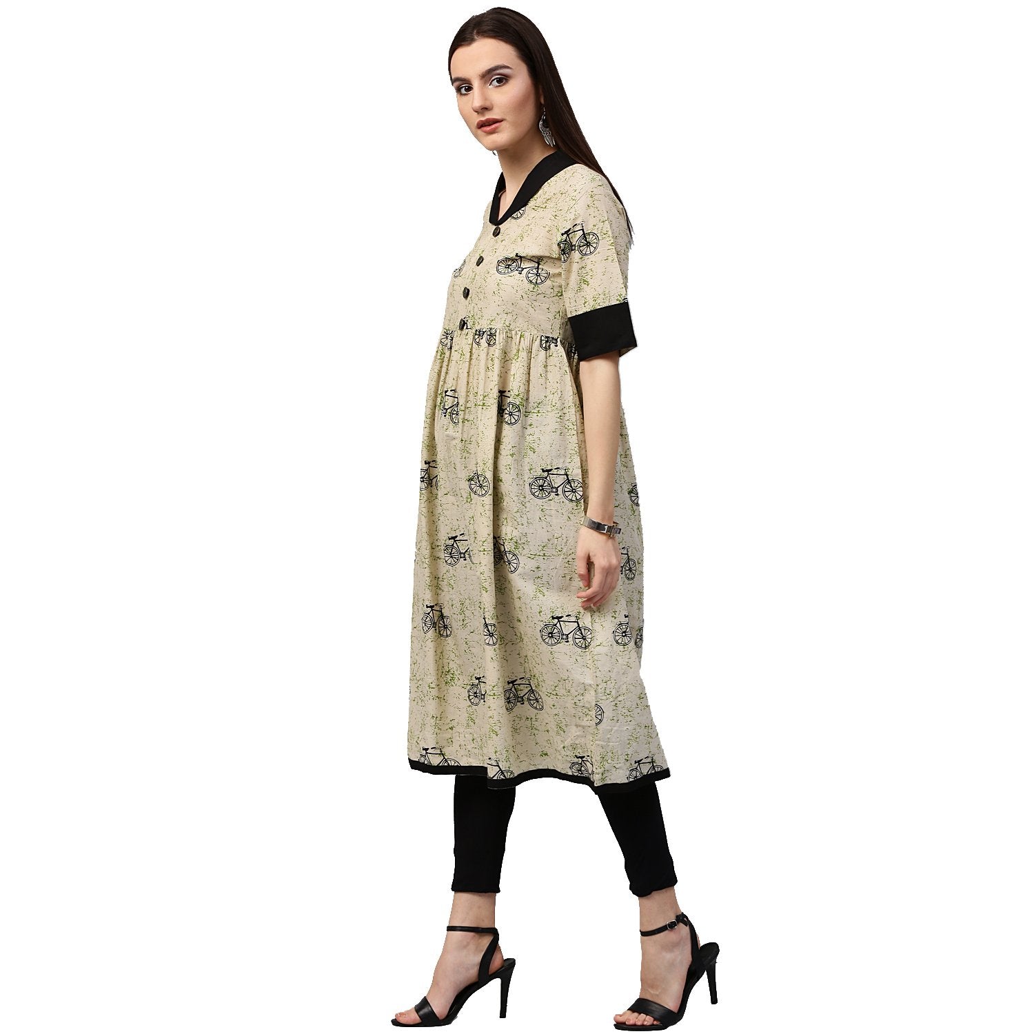 White Cycle Printed Half Sleeve Cotton Anarkali Kurta | LASVINI - Redefining Indian Fashion with Elegance