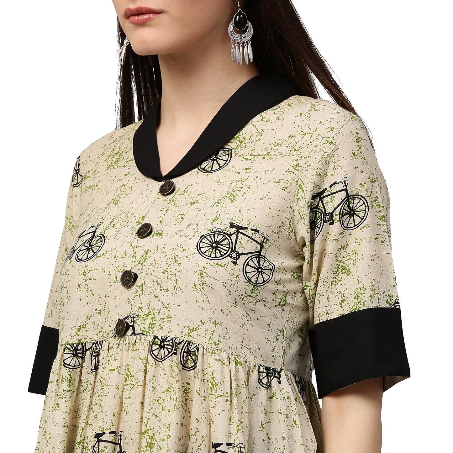 White Cycle Printed Half Sleeve Cotton Anarkali Kurta | LASVINI - Redefining Indian Fashion with Elegance