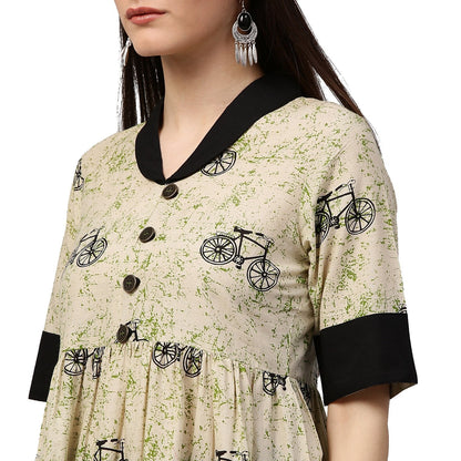 White Cycle Printed Half Sleeve Cotton Anarkali Kurta | LASVINI - Redefining Indian Fashion with Elegance