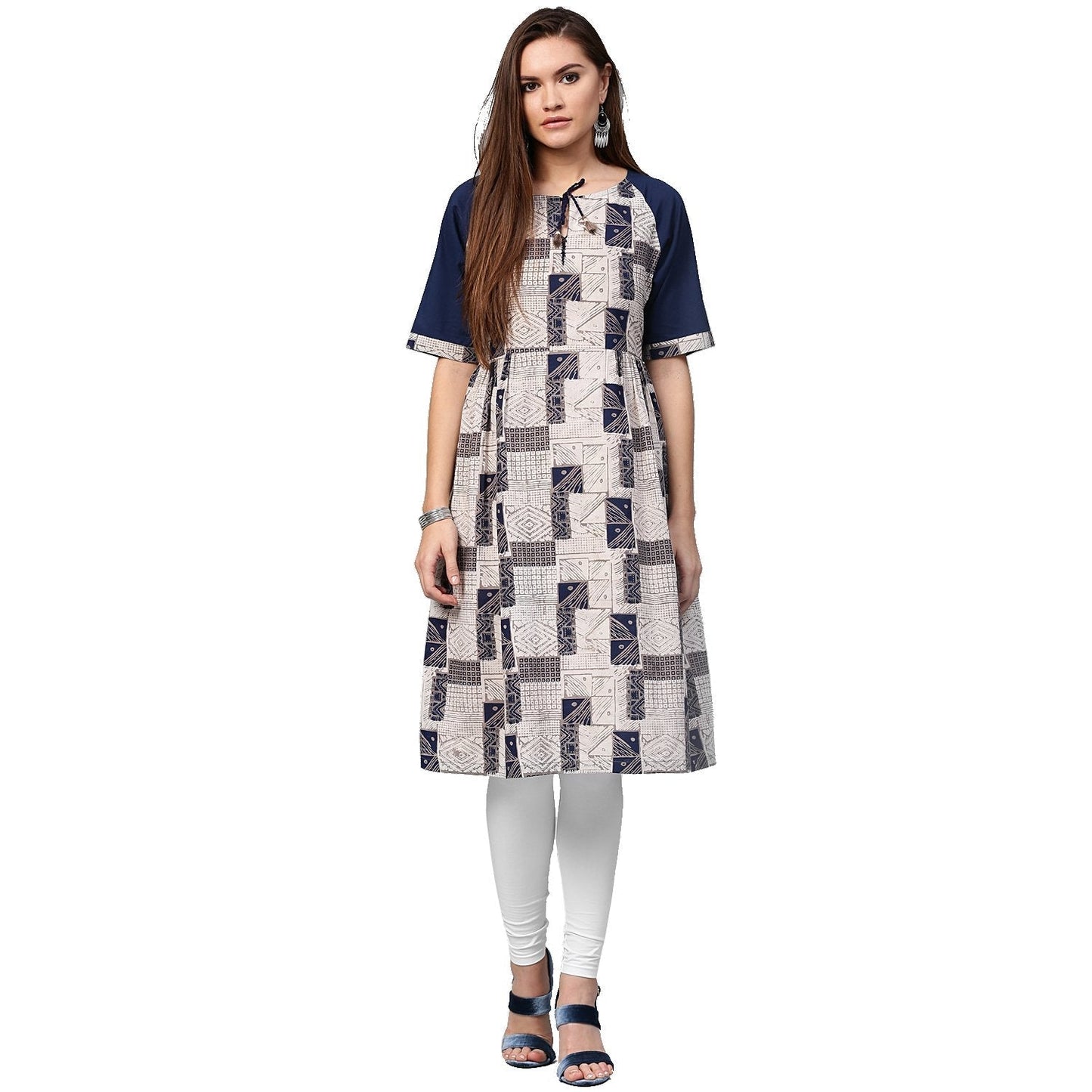 White Printed Half Sleeve Cotton A-Line Kurta With Dori Work At Neck | LASVINI - Redefining Indian Fashion with Elegance