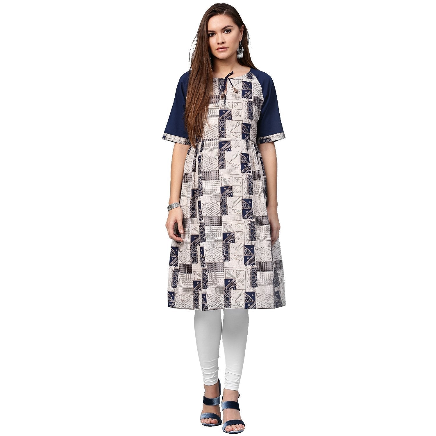 White Printed Half Sleeve Cotton A-Line Kurta With Dori Work At Neck | LASVINI - Redefining Indian Fashion with Elegance