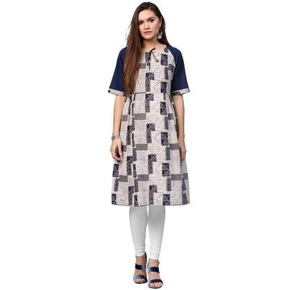 White Printed Half Sleeve Cotton A-Line Kurta With Dori Work At Neck | LASVINI - Redefining Indian Fashion with Elegance