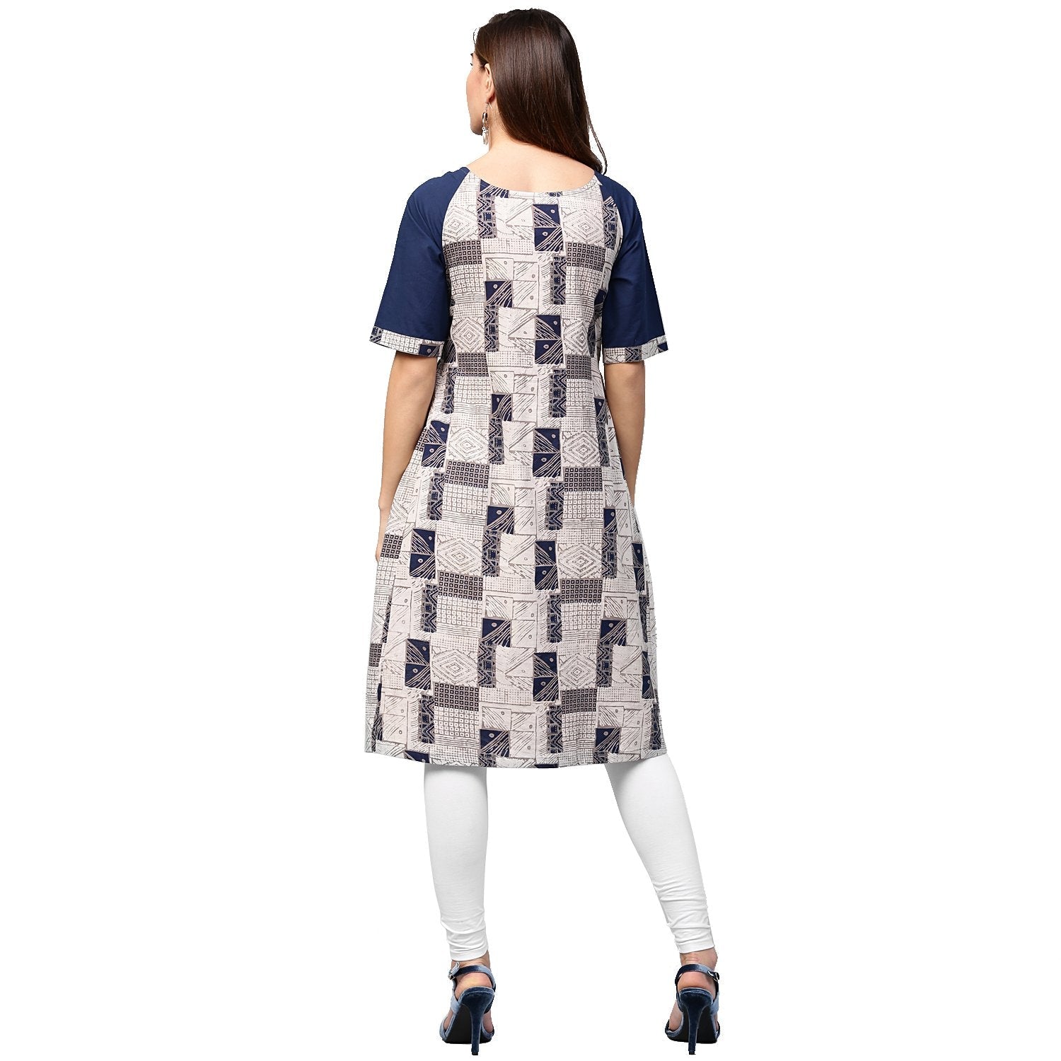 White Printed Half Sleeve Cotton A-Line Kurta With Dori Work At Neck | LASVINI - Redefining Indian Fashion with Elegance