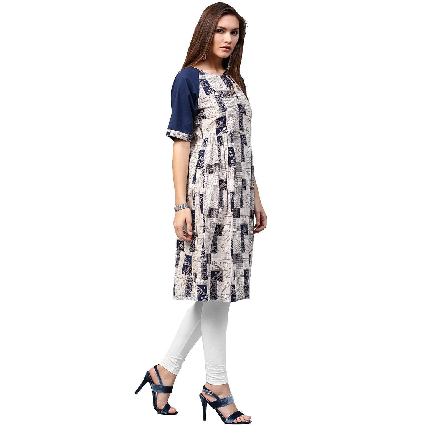 White Printed Half Sleeve Cotton A-Line Kurta With Dori Work At Neck | LASVINI - Redefining Indian Fashion with Elegance