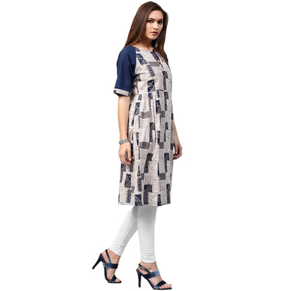 White Printed Half Sleeve Cotton A-Line Kurta With Dori Work At Neck | LASVINI - Redefining Indian Fashion with Elegance
