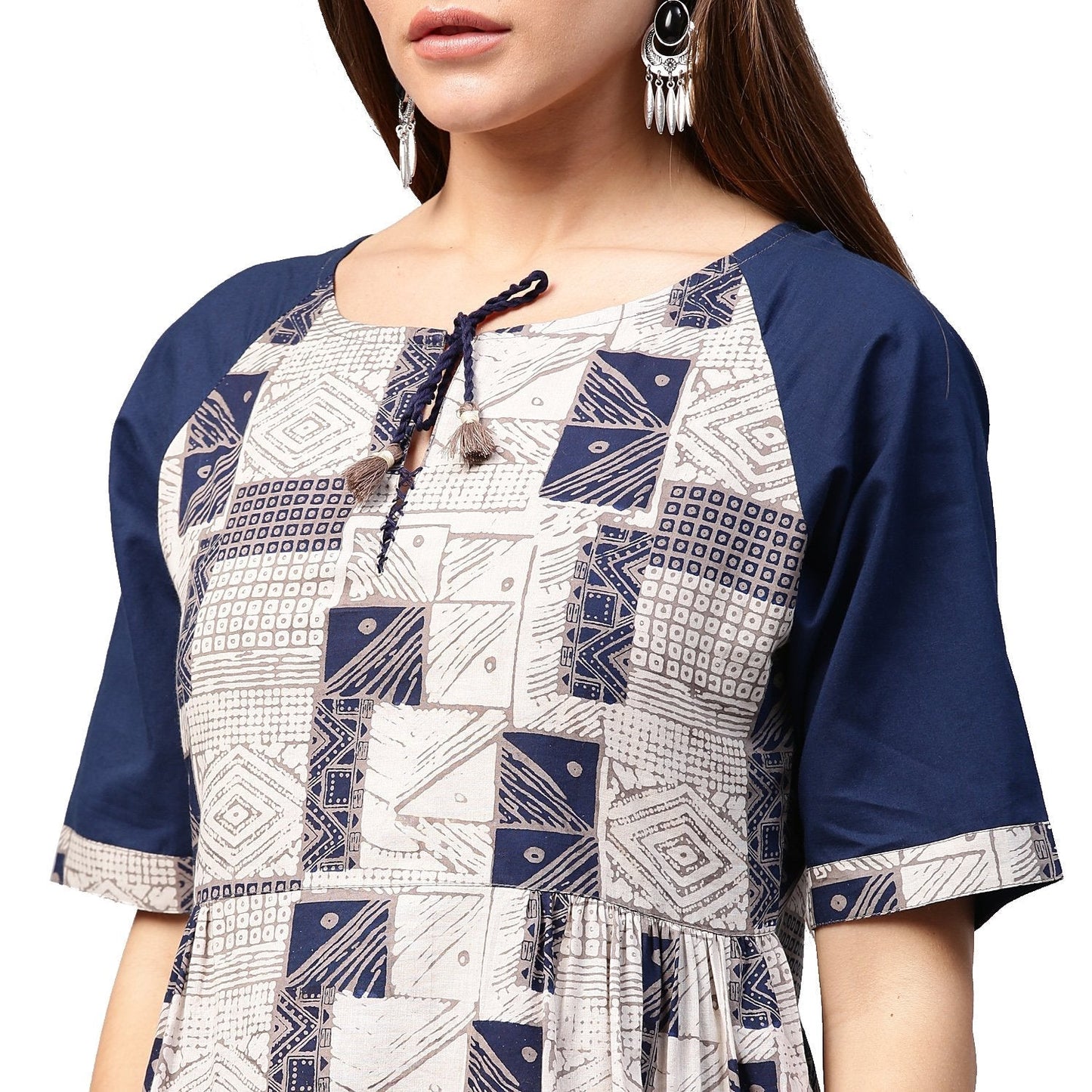 White Printed Half Sleeve Cotton A-Line Kurta With Dori Work At Neck | LASVINI - Redefining Indian Fashion with Elegance
