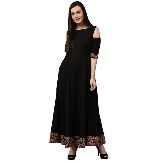 Black 3/4Th Sleeve Cold Shoulder Cotton Floor Length Anarkali Kurta | LASVINI - Redefining Indian Fashion with Elegance