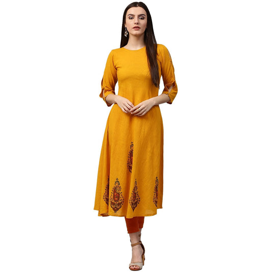 Yellow Block Printed 3/4Th Sleeve Cotton A-Line Kurta | LASVINI - Redefining Indian Fashion with Elegance
