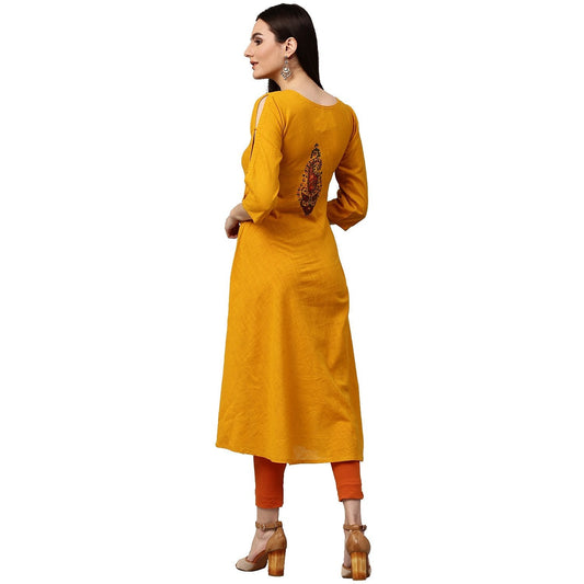 Yellow Block Printed 3/4Th Sleeve Cotton A-Line Kurta | LASVINI - Redefining Indian Fashion with Elegance