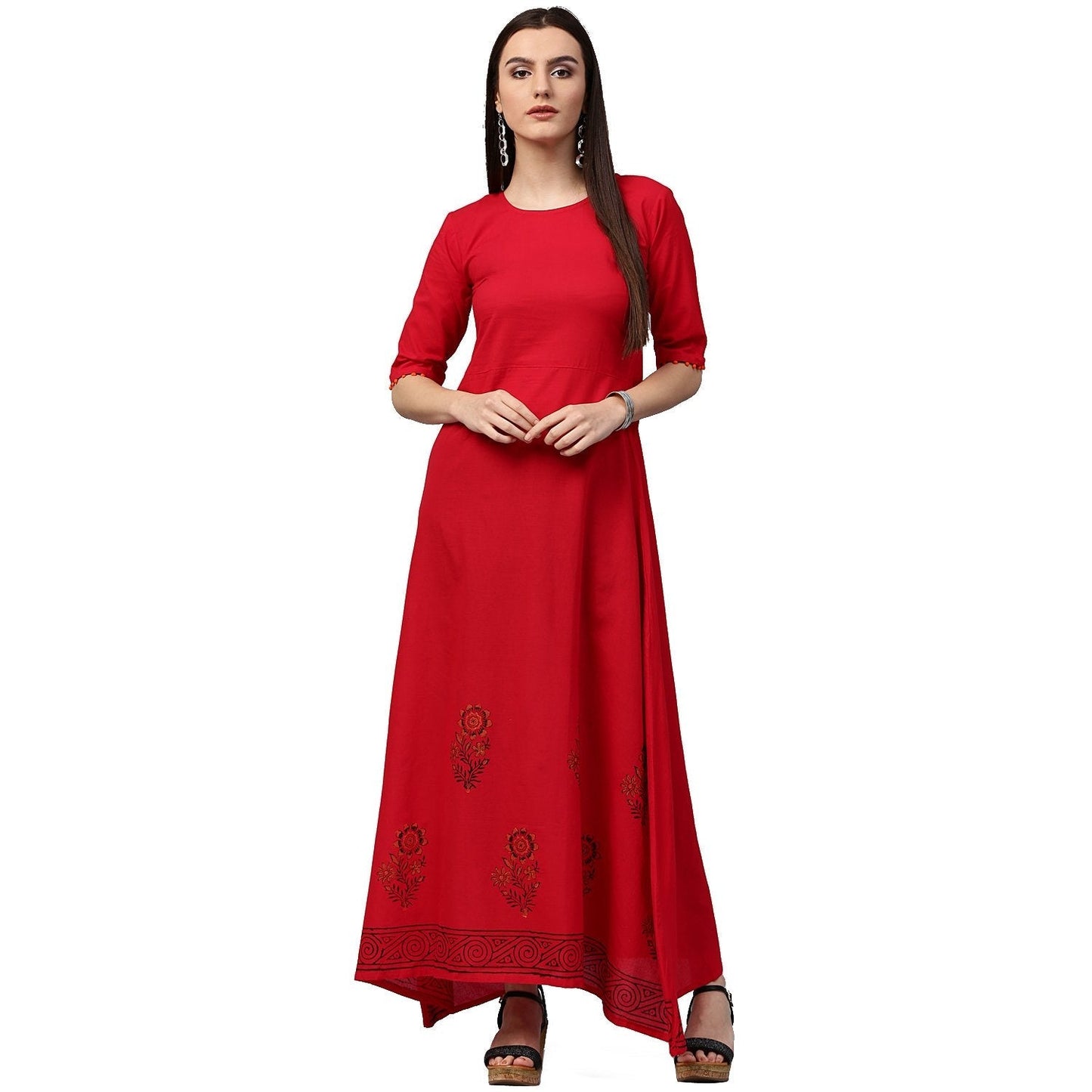 Red Block Print Half Sleeve Cotton A-Line Kurta | LASVINI - Redefining Indian Fashion with Elegance