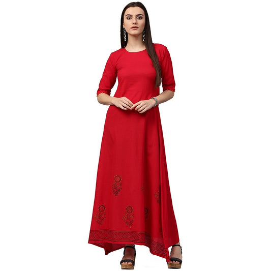 Red Block Print Half Sleeve Cotton A-Line Kurta | LASVINI - Redefining Indian Fashion with Elegance