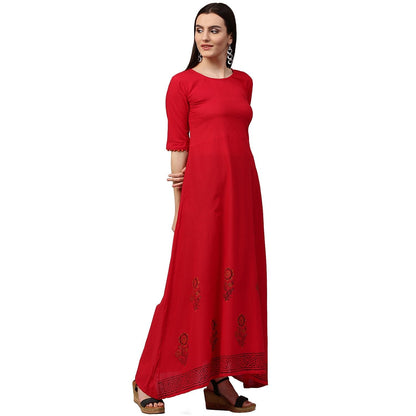 Red Block Print Half Sleeve Cotton A-Line Kurta | LASVINI - Redefining Indian Fashion with Elegance