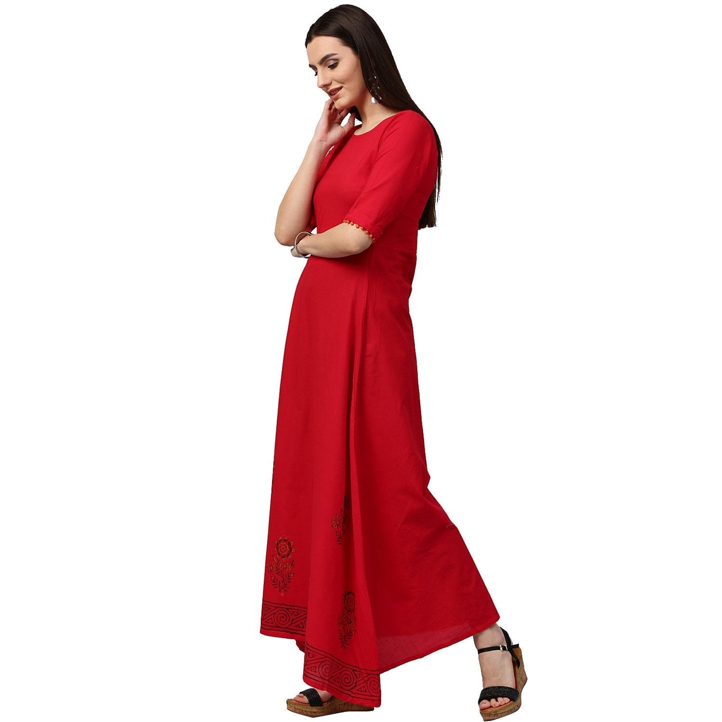 Red Block Print Half Sleeve Cotton A-Line Kurta | LASVINI - Redefining Indian Fashion with Elegance