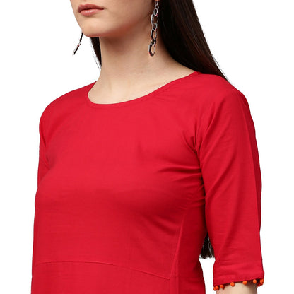 Red Block Print Half Sleeve Cotton A-Line Kurta | LASVINI - Redefining Indian Fashion with Elegance