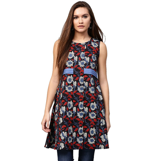 Black Printed Sleeveless Cotton Flared Tunics | LASVINI - Redefining Indian Fashion with Elegance